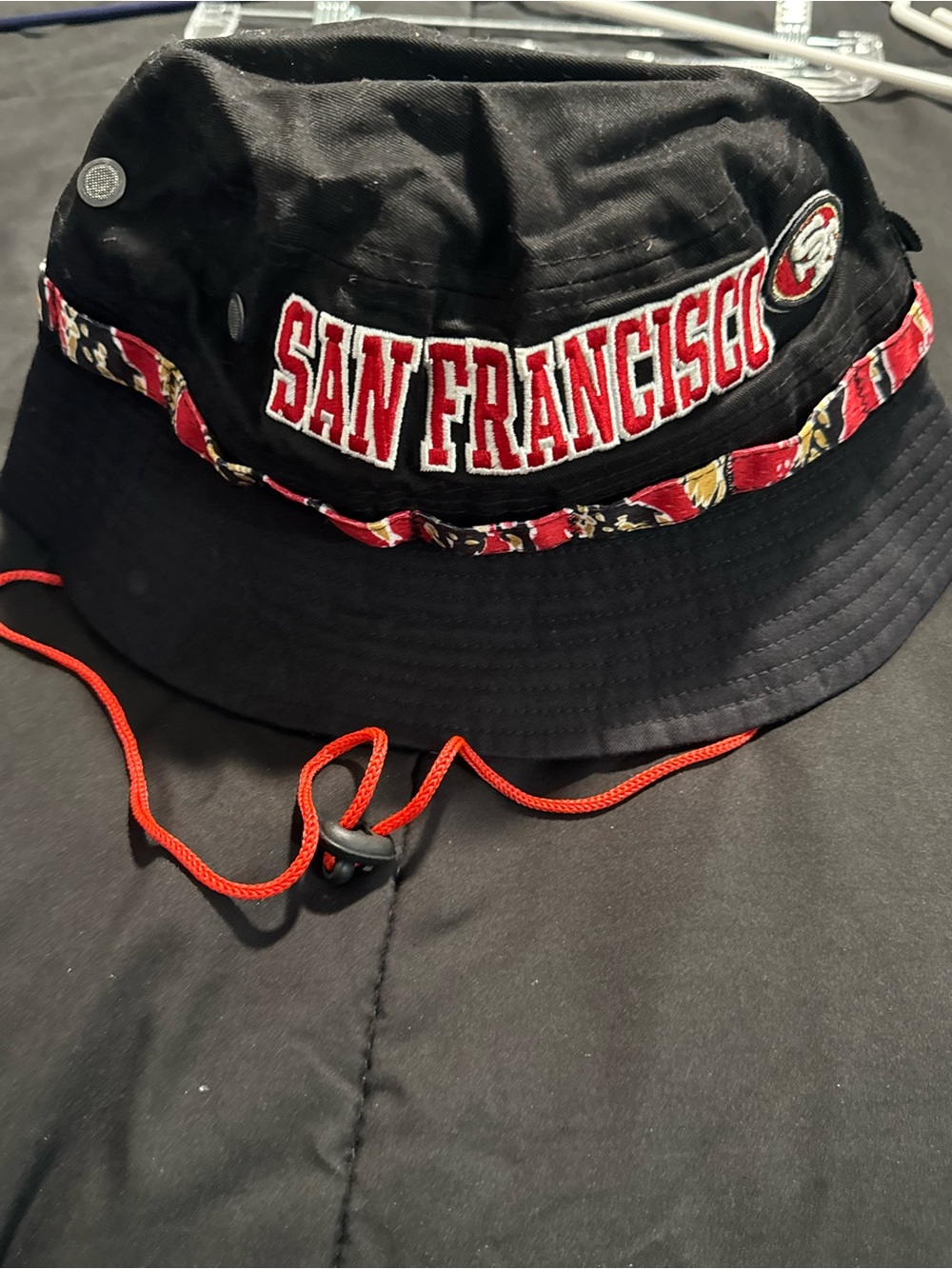 New Era San Francisco Black Bucket Hat with Red Trim